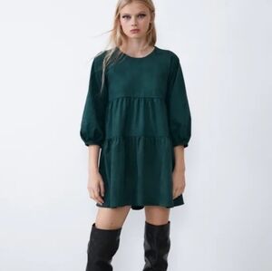 ZARA Heavy Suede Forest Green Tiered Fall Dress Size Small
